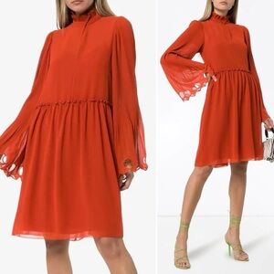 See by Chloe Georgette Dress Rusty Red Embroidered Bell Sleeves Size 38/6
